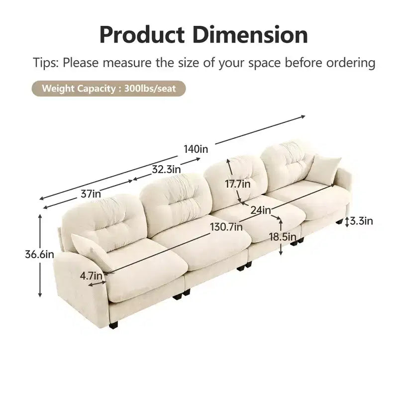 GDFStudio Freddy 140 Modern 4-Seater Modular Chenille Upholstered Sofa with 2 Throw Pillows