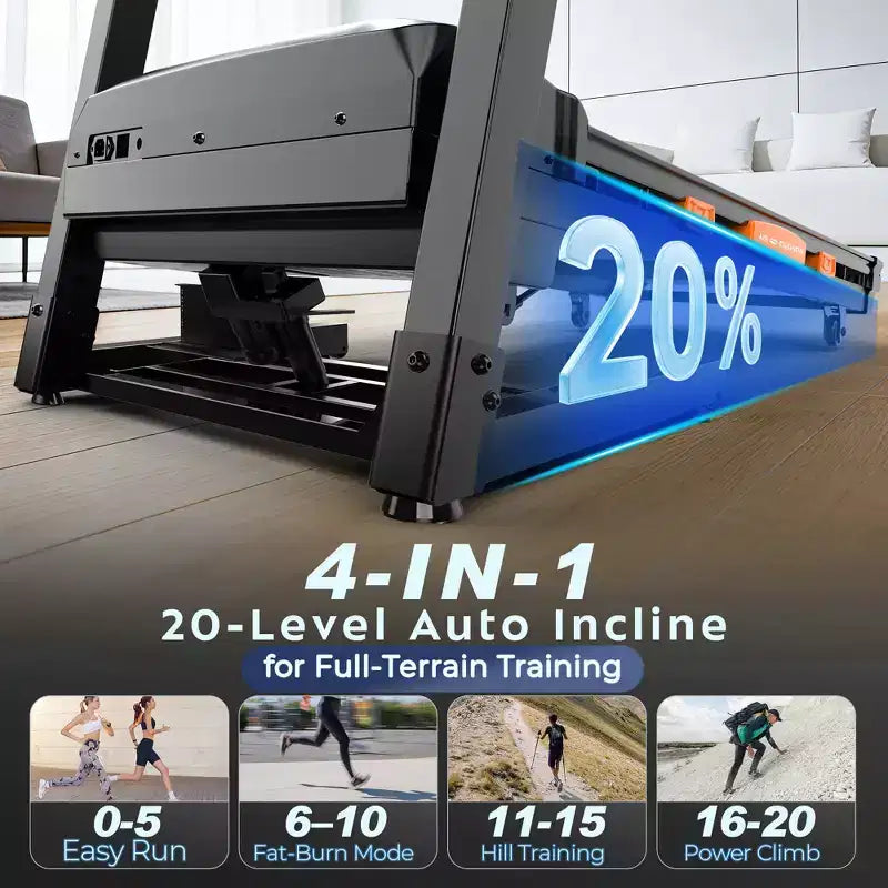 Tapis de course 4-en-1 avec inclinaison de 20 %, tapis de course portables pour la maison avec poignée, tapis de course pliables, 5 CV, 105 programmes