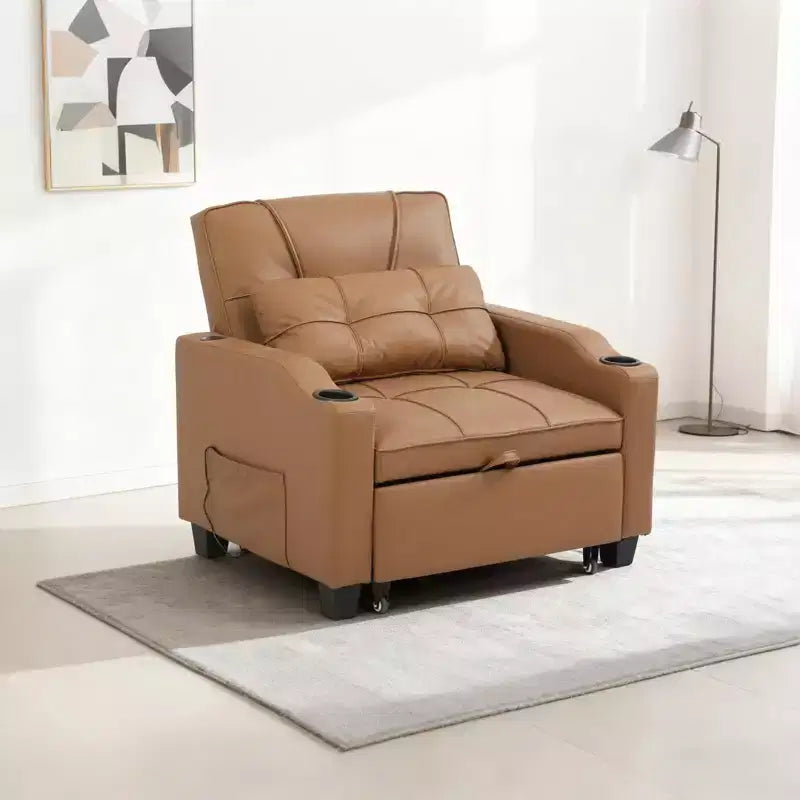 Modern 3-in-1 Convertible Sleeper Chair Bed Pull-Out Sofa with Adjustable Backrest USB Charging Cup Holders Side Pockets for Bedroom Living Room
