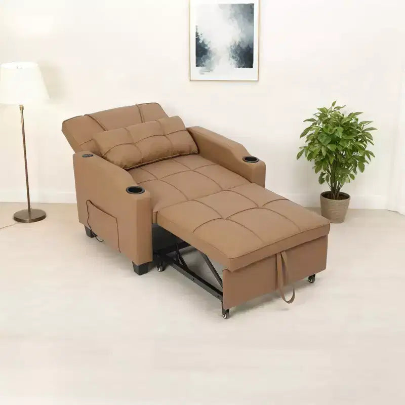 Modern 3-in-1 Convertible Sleeper Chair Bed Pull-Out Sofa with Adjustable Backrest USB Charging Cup Holders Side Pockets for Bedroom Living Room