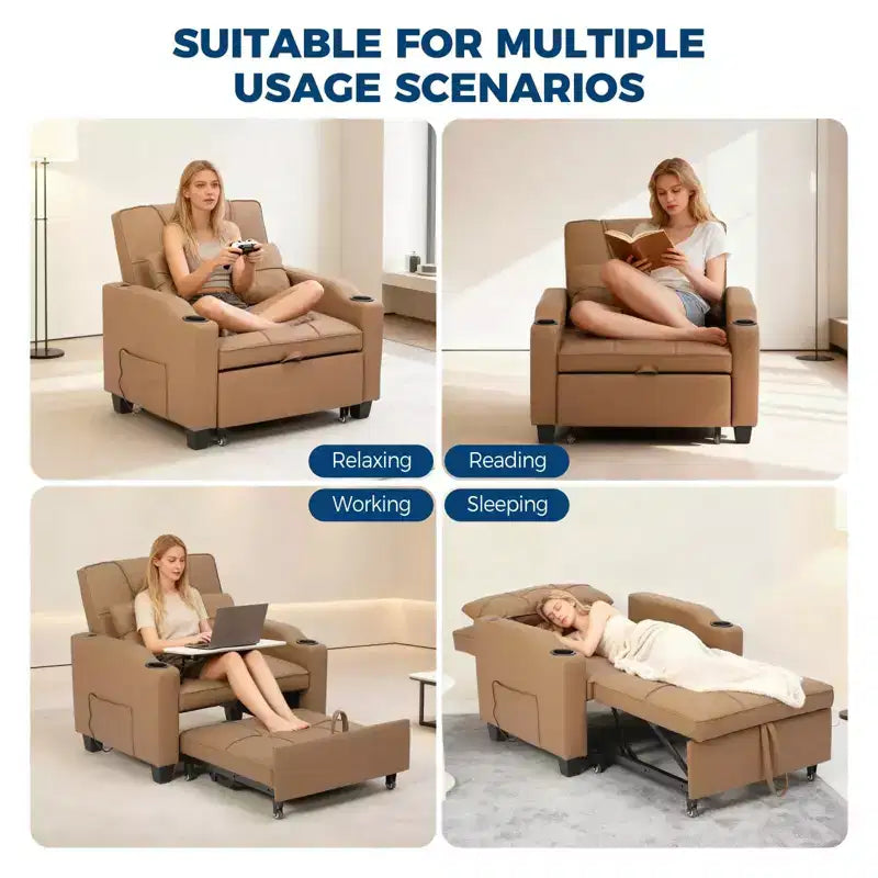 Modern 3-in-1 Convertible Sleeper Chair Bed Pull-Out Sofa with Adjustable Backrest USB Charging Cup Holders Side Pockets for Bedroom Living Room