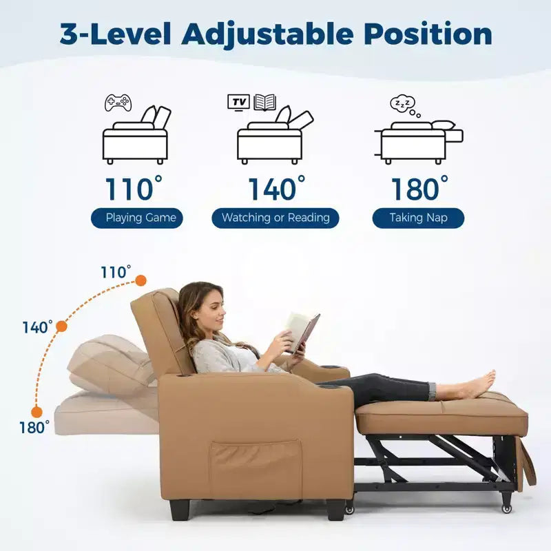 Modern 3-in-1 Convertible Sleeper Chair Bed Pull-Out Sofa with Adjustable Backrest USB Charging Cup Holders Side Pockets for Bedroom Living Room