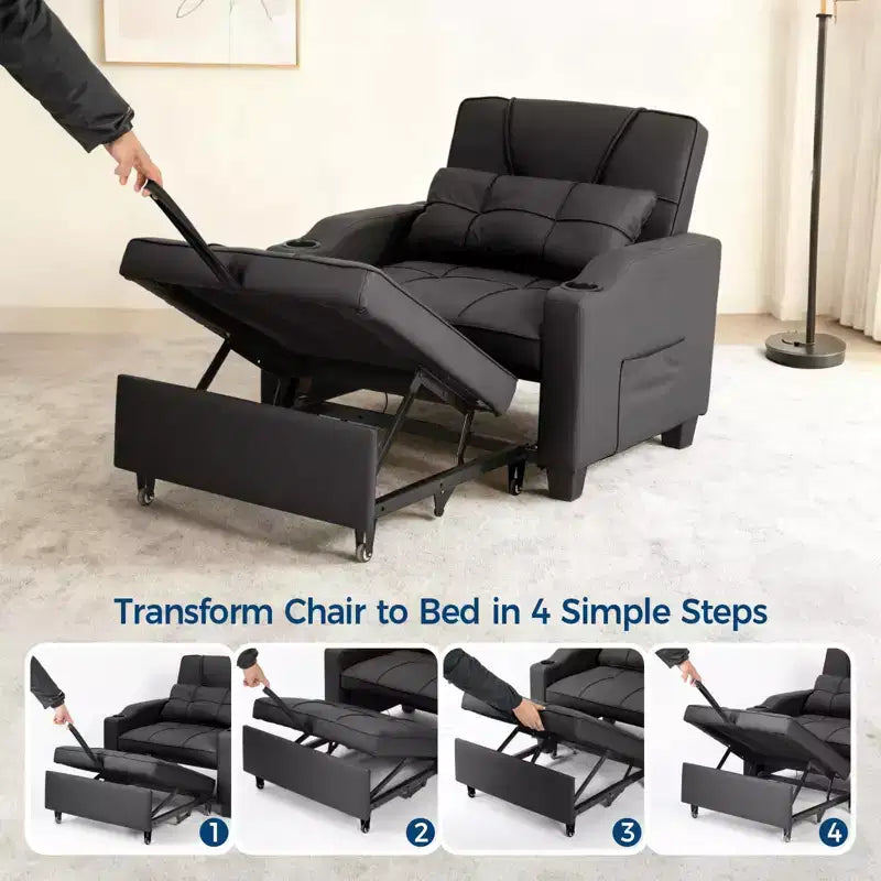 Modern 3-in-1 Convertible Sleeper Chair Bed Pull-Out Sofa with Adjustable Backrest USB Charging Cup Holders Side Pockets for Bedroom Living Room