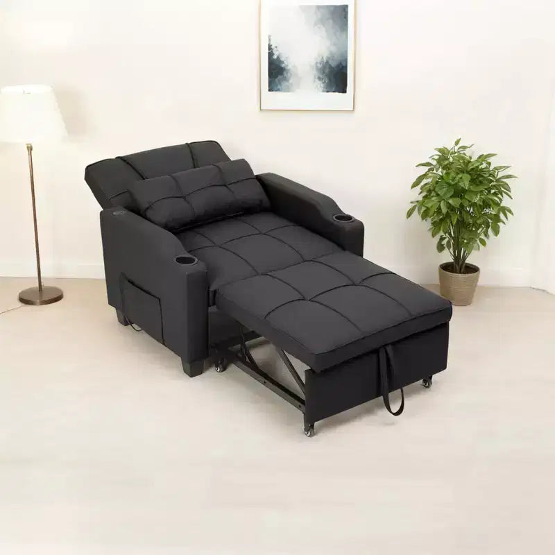 Modern 3-in-1 Convertible Sleeper Chair Bed Pull-Out Sofa with Adjustable Backrest USB Charging Cup Holders Side Pockets for Bedroom Living Room