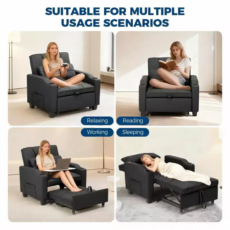 Modern 3-in-1 Convertible Sleeper Chair Bed Pull-Out Sofa with Adjustable Backrest USB Charging Cup Holders Side Pockets for Bedroom Living Room