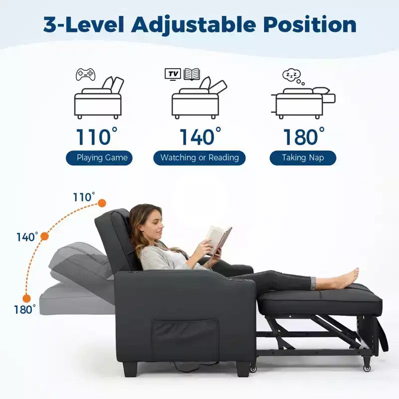 Modern 3-in-1 Convertible Sleeper Chair Bed Pull-Out Sofa with Adjustable Backrest USB Charging Cup Holders Side Pockets for Bedroom Living Room