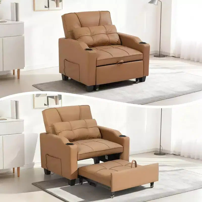 Modern 3-in-1 Convertible Sleeper Chair Bed Pull-Out Sofa with Adjustable Backrest USB Charging Cup Holders Side Pockets for Bedroom Living Room