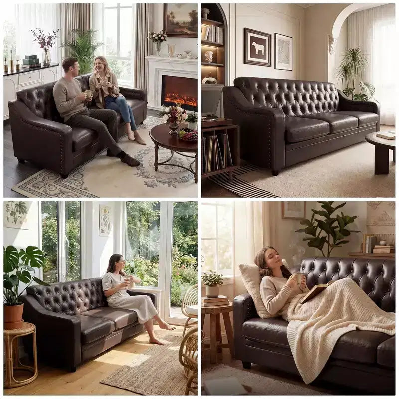 Dyonery 78.7 Chesterfield Faux Leather Sofa 3 Seater Couch,Mid-Century Large Sofa Classic Tufted Settee Modern PU Sofa with Channel Tufted Seat Back