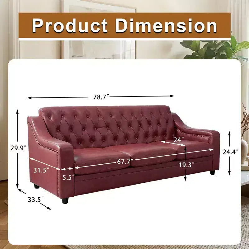 Dyonery 78.7 Chesterfield Faux Leather Sofa 3 Seater Couch,Mid-Century Large Sofa Classic Tufted Settee Modern PU Sofa with Channel Tufted Seat Back
