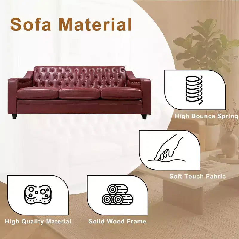 Dyonery 78.7 Chesterfield Faux Leather Sofa 3 Seater Couch,Mid-Century Large Sofa Classic Tufted Settee Modern PU Sofa with Channel Tufted Seat Back