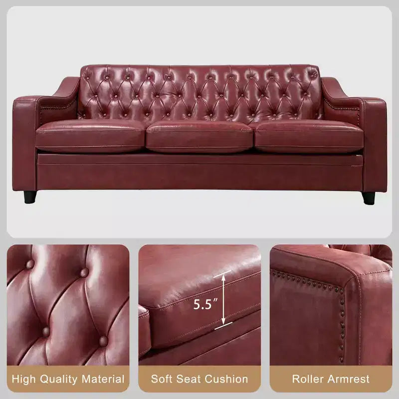 Dyonery 78.7 Chesterfield Faux Leather Sofa 3 Seater Couch,Mid-Century Large Sofa Classic Tufted Settee Modern PU Sofa with Channel Tufted Seat Back
