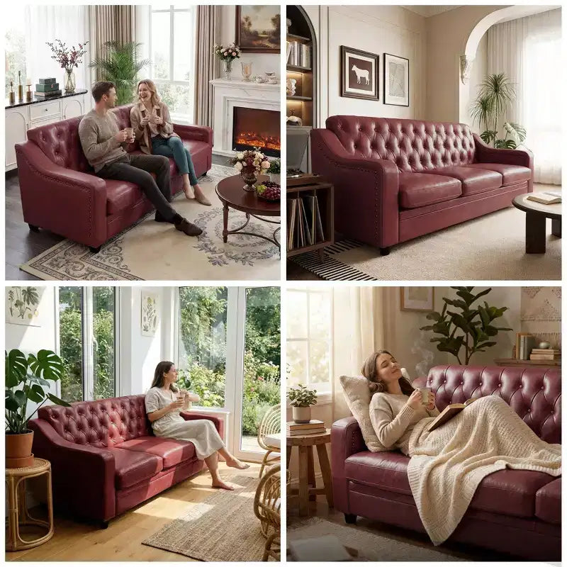 Dyonery 78.7 Chesterfield Faux Leather Sofa 3 Seater Couch,Mid-Century Large Sofa Classic Tufted Settee Modern PU Sofa with Channel Tufted Seat Back