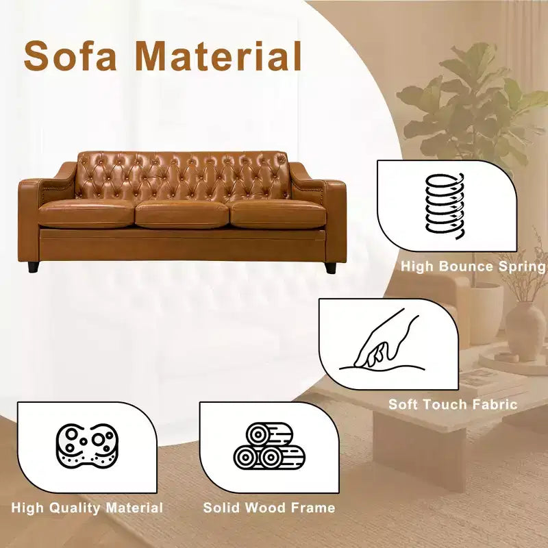 Dyonery 78.7 Chesterfield Faux Leather Sofa 3 Seater Couch,Mid-Century Large Sofa Classic Tufted Settee Modern PU Sofa with Channel Tufted Seat Back