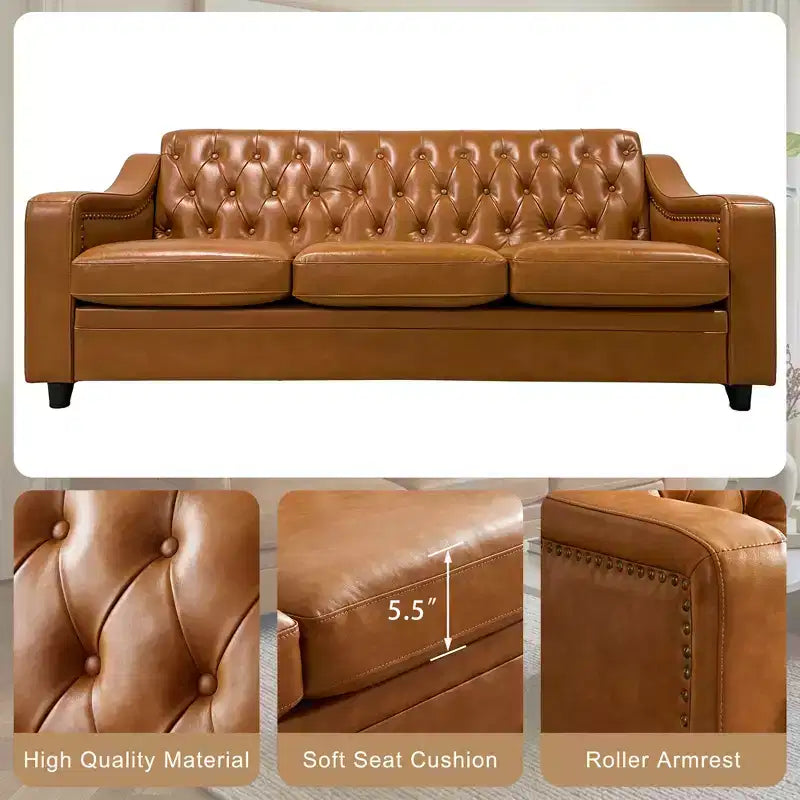 Dyonery 78.7 Chesterfield Faux Leather Sofa 3 Seater Couch,Mid-Century Large Sofa Classic Tufted Settee Modern PU Sofa with Channel Tufted Seat Back