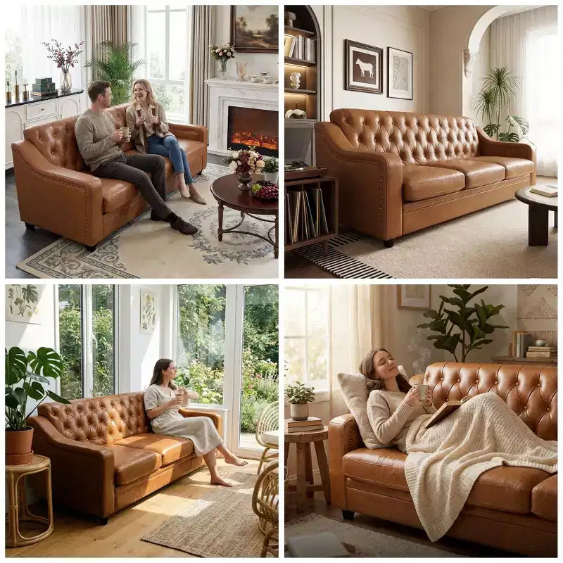 Dyonery 78.7 Chesterfield Faux Leather Sofa 3 Seater Couch,Mid-Century Large Sofa Classic Tufted Settee Modern PU Sofa with Channel Tufted Seat Back