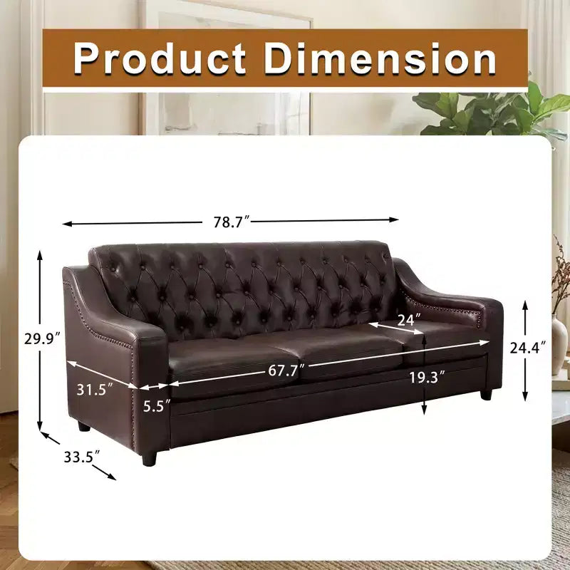 Dyonery 78.7 Chesterfield Faux Leather Sofa 3 Seater Couch,Mid-Century Large Sofa Classic Tufted Settee Modern PU Sofa with Channel Tufted Seat Back