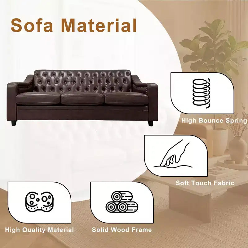 Dyonery 78.7 Chesterfield Faux Leather Sofa 3 Seater Couch,Mid-Century Large Sofa Classic Tufted Settee Modern PU Sofa with Channel Tufted Seat Back