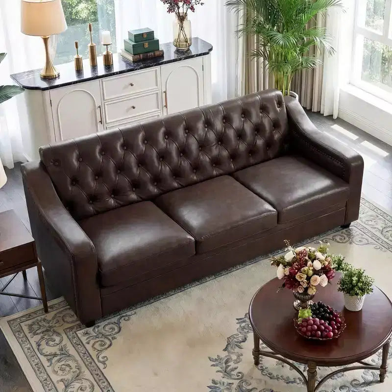 Dyonery 78.7 Chesterfield Faux Leather Sofa 3 Seater Couch,Mid-Century Large Sofa Classic Tufted Settee Modern PU Sofa with Channel Tufted Seat Back
