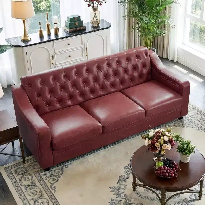 Dyonery 78.7 Chesterfield Faux Leather Sofa 3 Seater Couch,Mid-Century Large Sofa Classic Tufted Settee Modern PU Sofa with Channel Tufted Seat Back