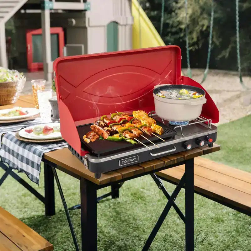 Réchaud de camping portable 2-en-1 Costway à 2 brûleurs avec pieds amovibles Rouge