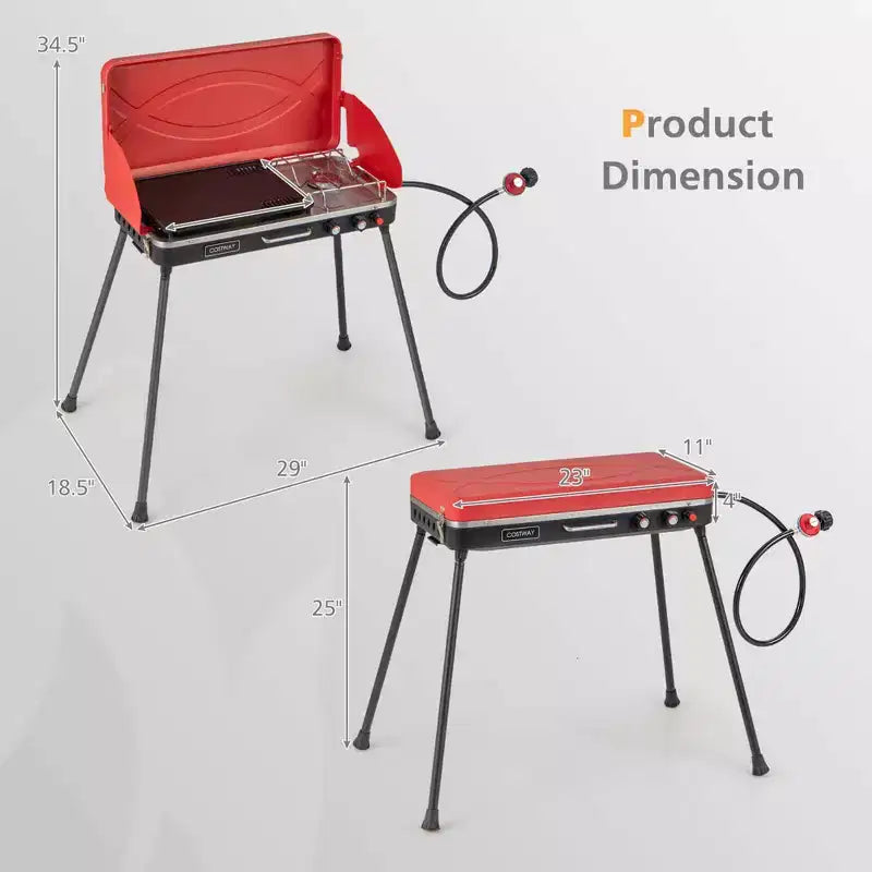 Réchaud de camping portable 2-en-1 Costway à 2 brûleurs avec pieds amovibles Rouge
