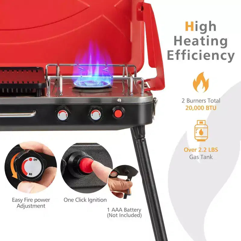 Réchaud de camping portable 2-en-1 Costway à 2 brûleurs avec pieds amovibles Rouge