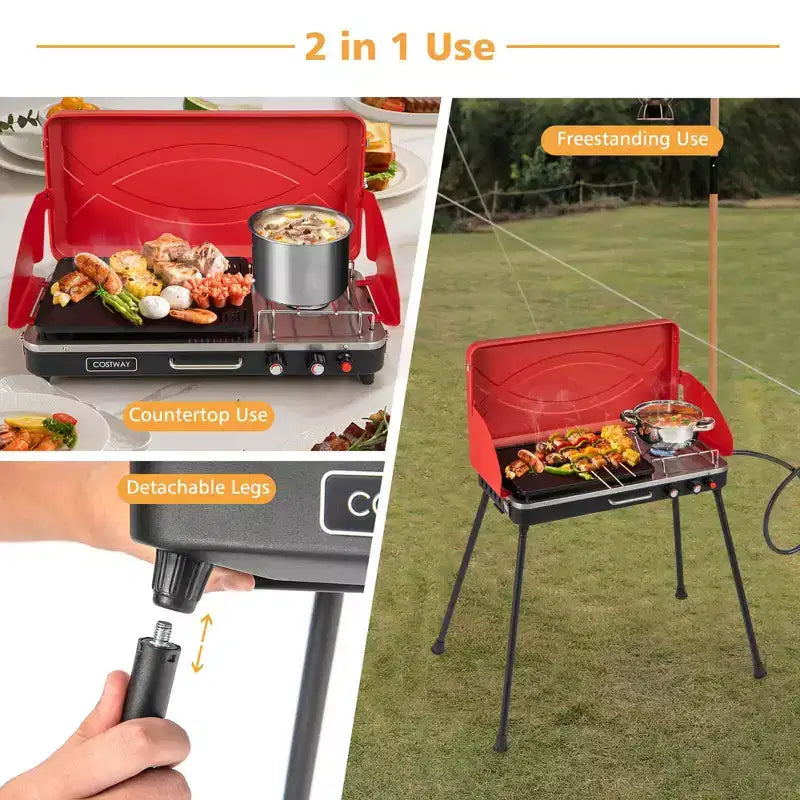 Réchaud de camping portable 2-en-1 Costway à 2 brûleurs avec pieds amovibles Rouge