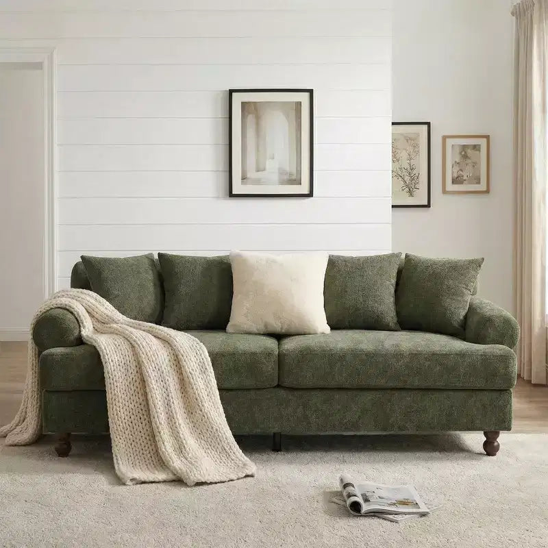 81.5 Upholstered Sofa, Chenille 3-Seater Couch with Pillows and Rubberwood Legs for Living Room, Green - ModernLuxe