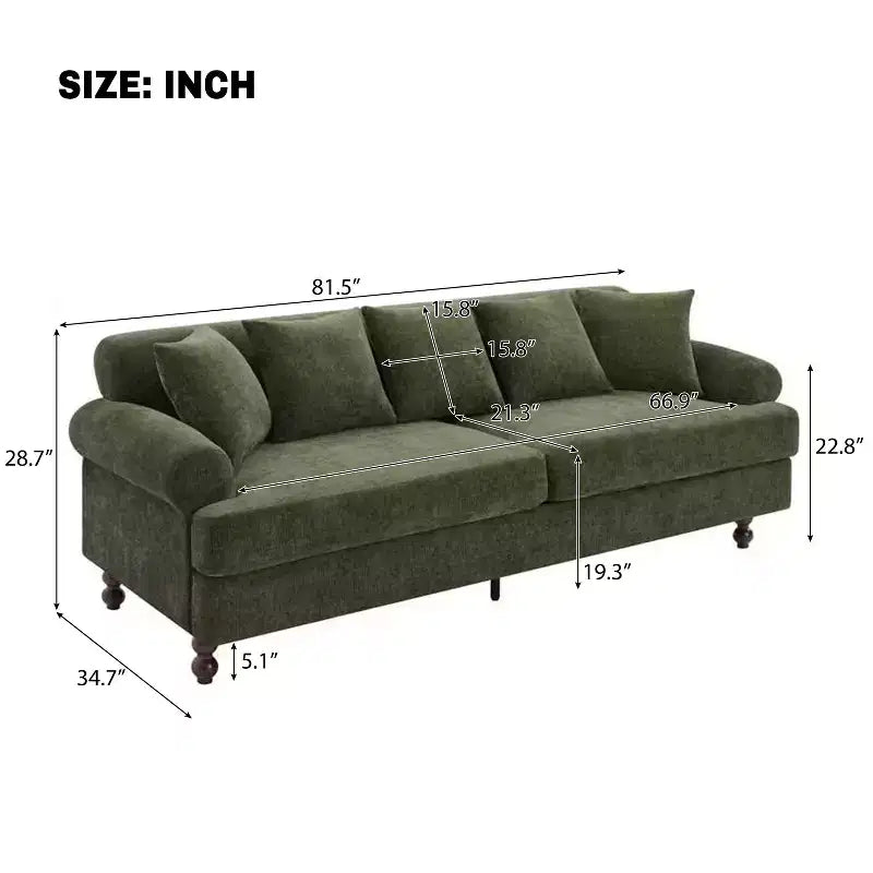Canapé rembourré de 81,5 po, canapé 3 places en chenille avec oreillers et pieds en bois d'hévéa pour salon, vert - ModernLuxe
