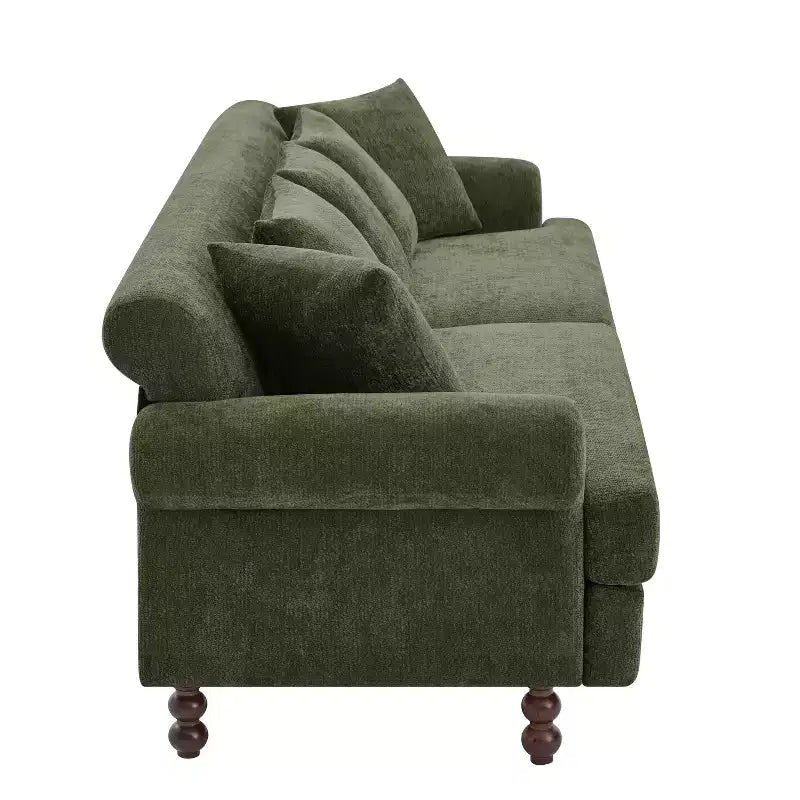 Canapé rembourré de 81,5 po, canapé 3 places en chenille avec oreillers et pieds en bois d'hévéa pour salon, vert - ModernLuxe