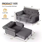 Dyonery 51 3-in-1 Pull-Out Sleeper Sofa Bed, Convertible Loveseat with Reclining Adjustable Backrest, Chenille Upholstered Couch, Side Pocket