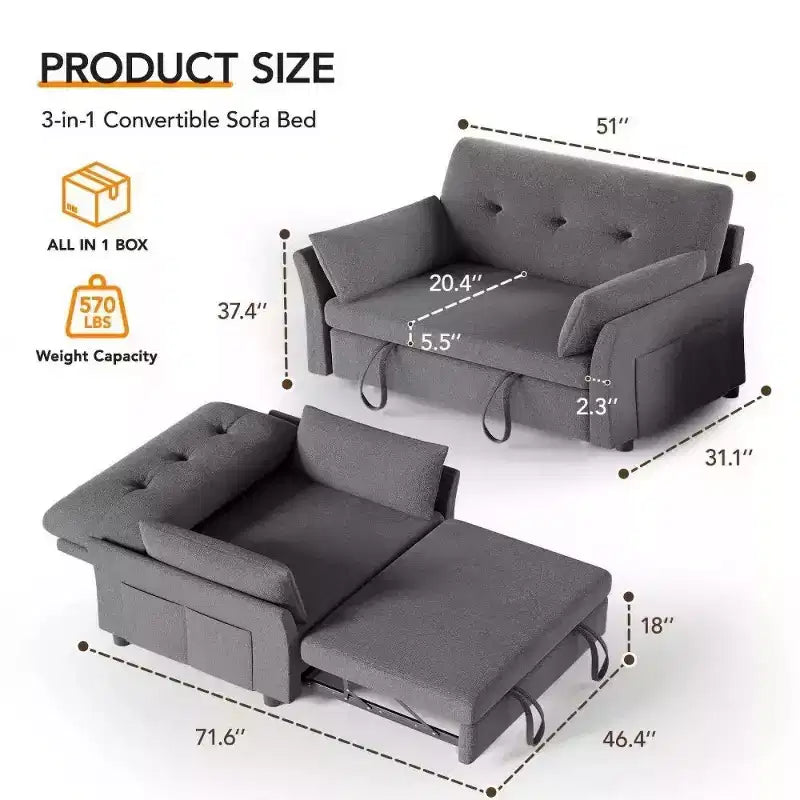 Dyonery 51 3-in-1 Pull-Out Sleeper Sofa Bed, Convertible Loveseat with Reclining Adjustable Backrest, Chenille Upholstered Couch, Side Pocket