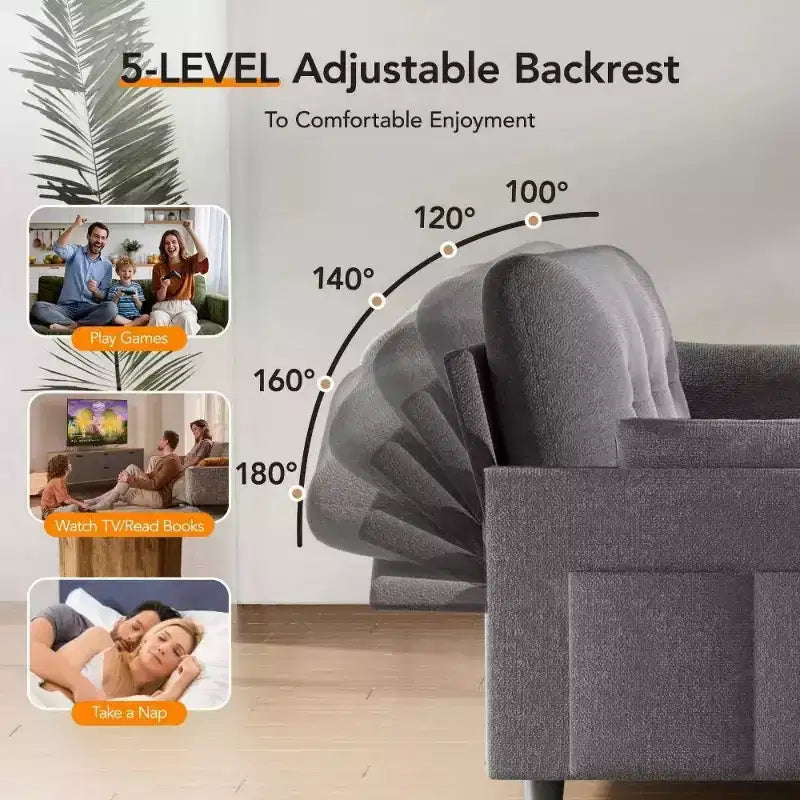 Dyonery 51 3-in-1 Pull-Out Sleeper Sofa Bed, Convertible Loveseat with Reclining Adjustable Backrest, Chenille Upholstered Couch, Side Pocket