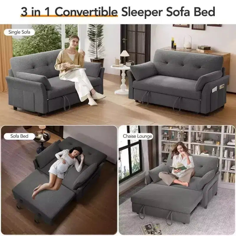 Dyonery 51 3-in-1 Pull-Out Sleeper Sofa Bed, Convertible Loveseat with Reclining Adjustable Backrest, Chenille Upholstered Couch, Side Pocket