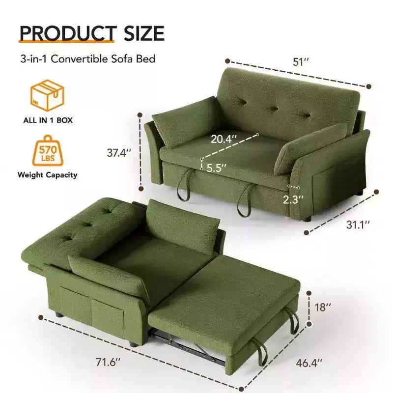 Dyonery 51 3-in-1 Pull-Out Sleeper Sofa Bed, Convertible Loveseat with Reclining Adjustable Backrest, Chenille Upholstered Couch, Side Pocket