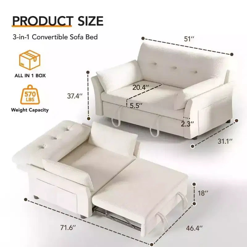 Dyonery 51 3-in-1 Pull-Out Sleeper Sofa Bed, Convertible Loveseat with Reclining Adjustable Backrest, Chenille Upholstered Couch, Side Pocket