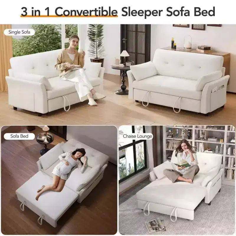 Dyonery 51 3-in-1 Pull-Out Sleeper Sofa Bed, Convertible Loveseat with Reclining Adjustable Backrest, Chenille Upholstered Couch, Side Pocket