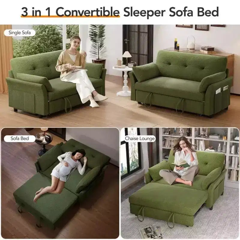 Dyonery 51 3-in-1 Pull-Out Sleeper Sofa Bed, Convertible Loveseat with Reclining Adjustable Backrest, Chenille Upholstered Couch, Side Pocket