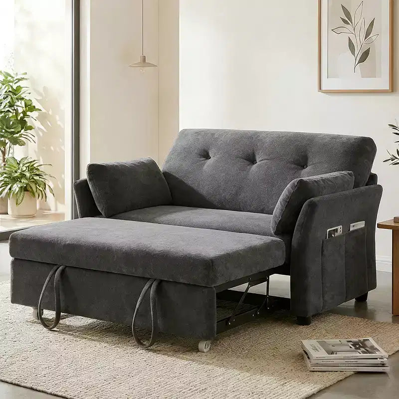 Dyonery 51 3-in-1 Pull-Out Sleeper Sofa Bed, Convertible Loveseat with Reclining Adjustable Backrest, Chenille Upholstered Couch, Side Pocket