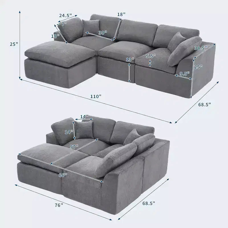 Canapé modulaire sectionnel, canapés en éponge de 110 po avec siège profond, canapés sectionnels pour salon et chambre à coucher, aucun assemblage requis