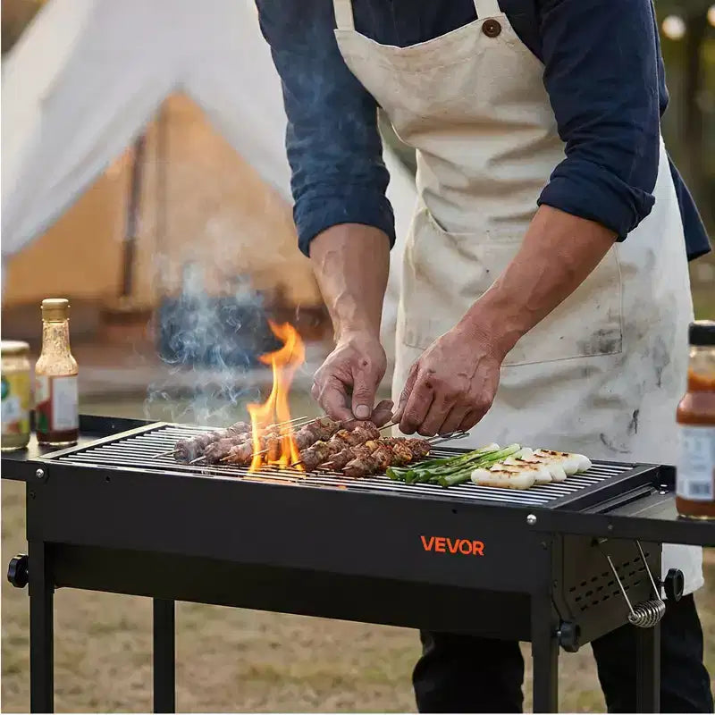 VEVOR Foldable Charcoal Grill, Portable Charcoal Barbecue Grill with Adjustable Height & Folding Side Tables, High-Temp Powder-Coated Steel, Black