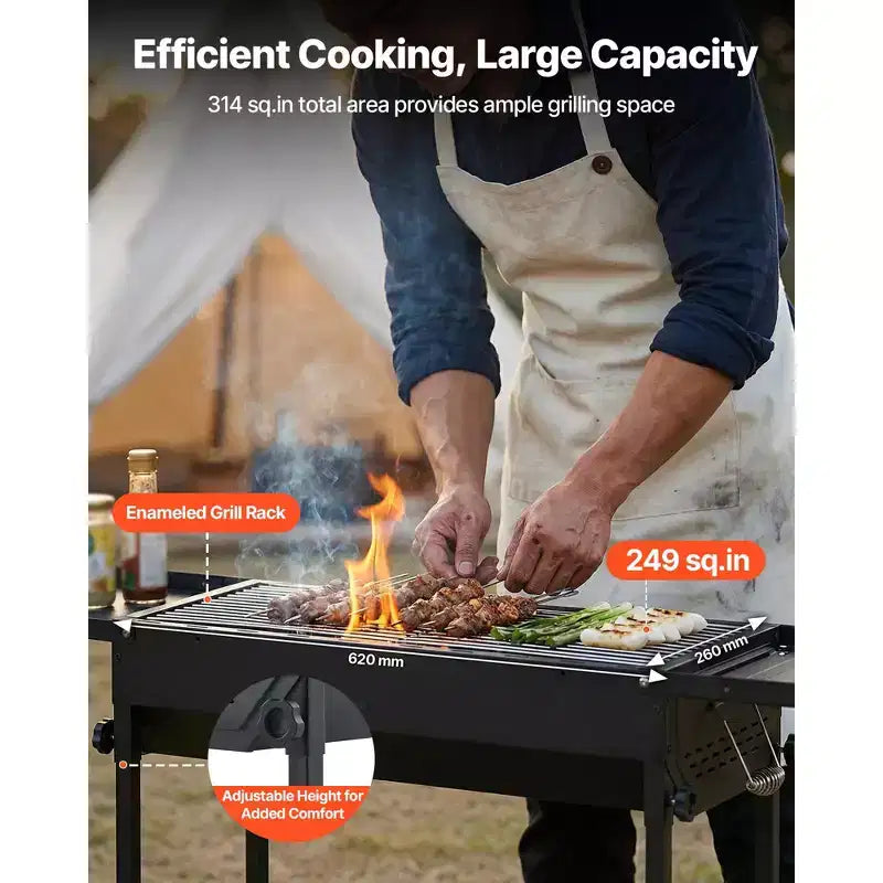 VEVOR Foldable Charcoal Grill, Portable Charcoal Barbecue Grill with Adjustable Height & Folding Side Tables, High-Temp Powder-Coated Steel, Black
