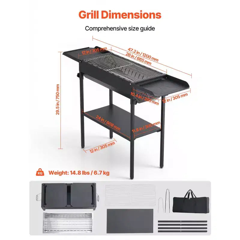 VEVOR Foldable Charcoal Grill, Portable Charcoal Barbecue Grill with Adjustable Height & Folding Side Tables, High-Temp Powder-Coated Steel, Black