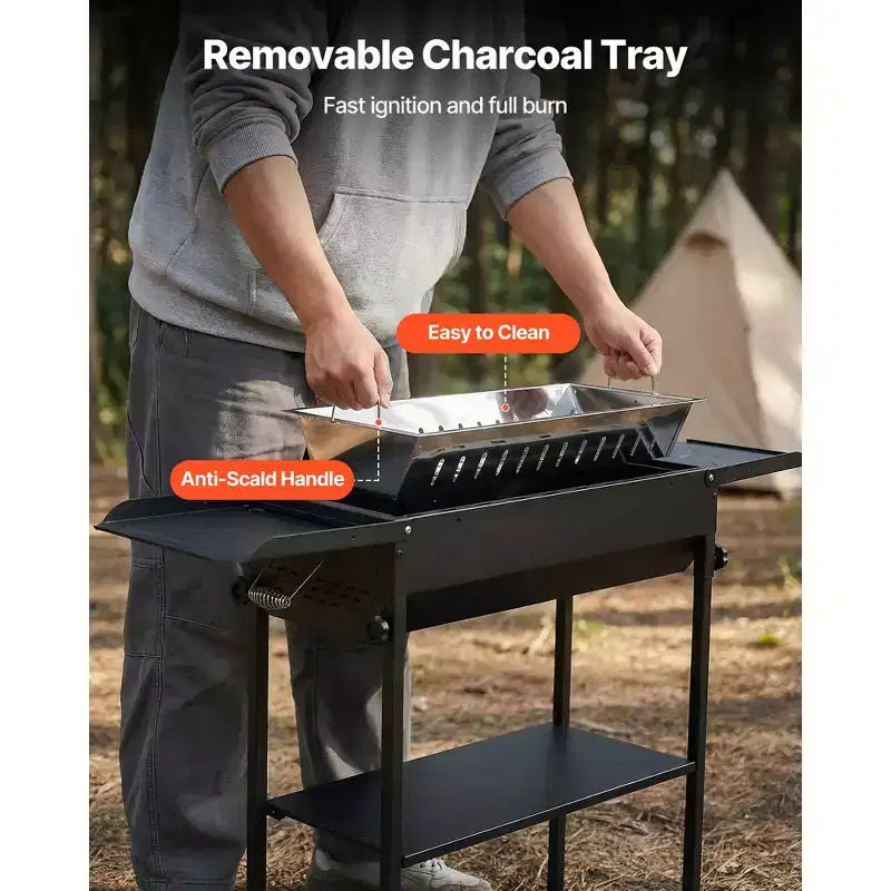 VEVOR Foldable Charcoal Grill, Portable Charcoal Barbecue Grill with Adjustable Height & Folding Side Tables, High-Temp Powder-Coated Steel, Black