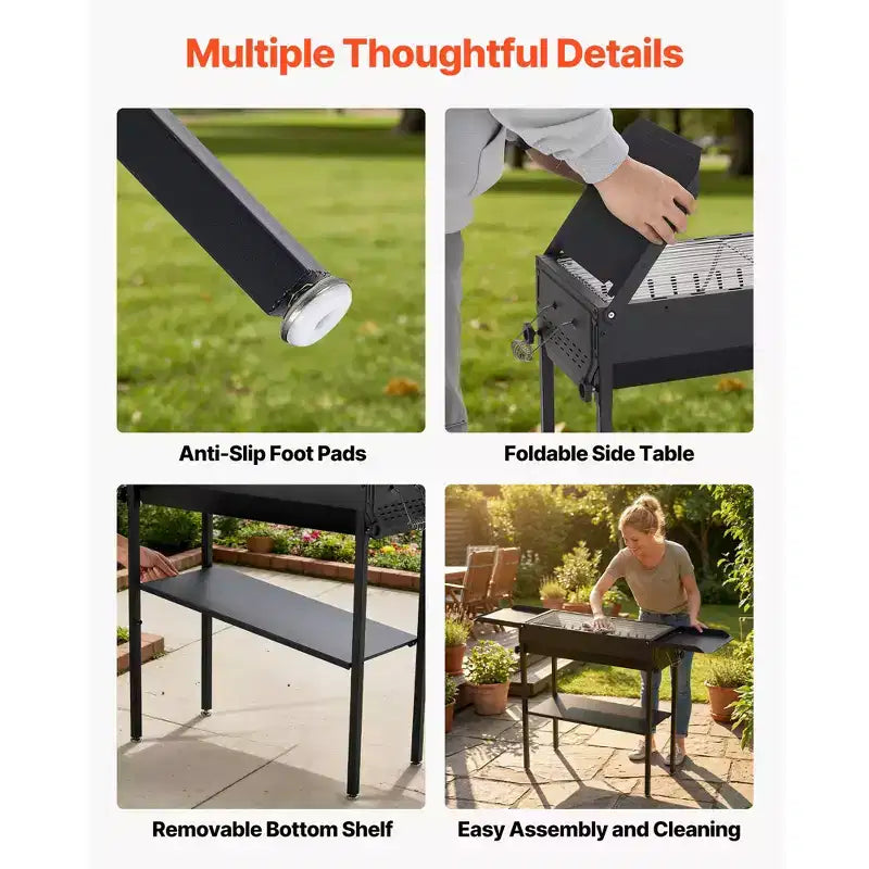 VEVOR Foldable Charcoal Grill, Portable Charcoal Barbecue Grill with Adjustable Height & Folding Side Tables, High-Temp Powder-Coated Steel, Black