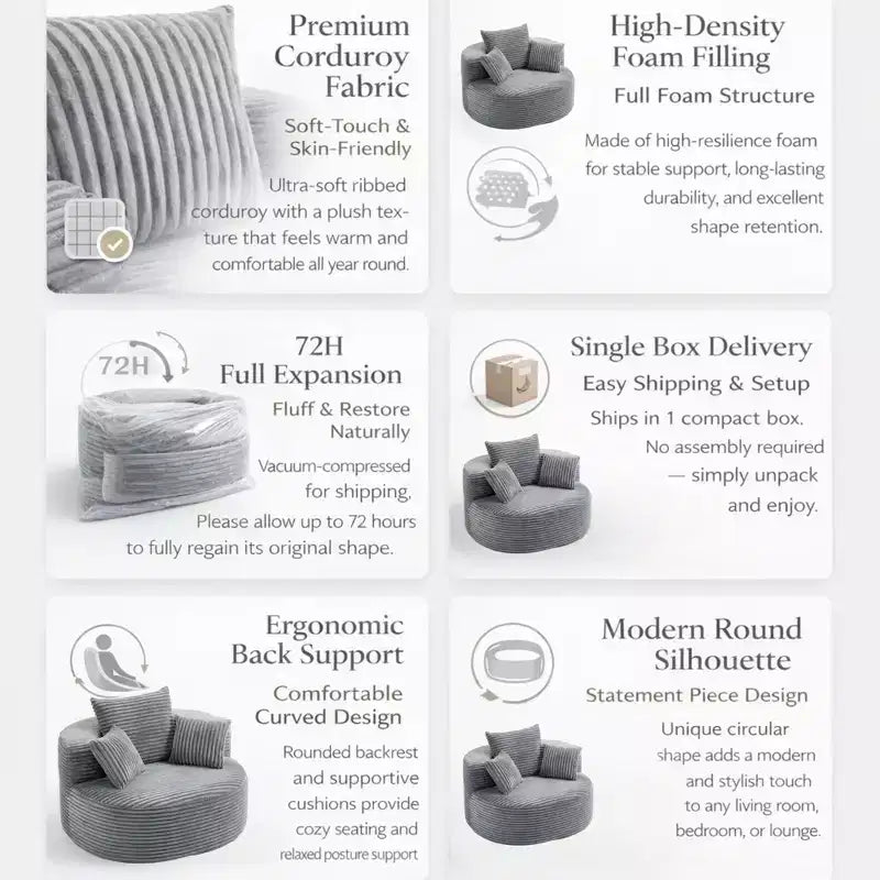 GDFStudio Seungho Modern 46 Single Seater Compressed Corduroy Upholstered Sofa with 3 Lumbar Pillows