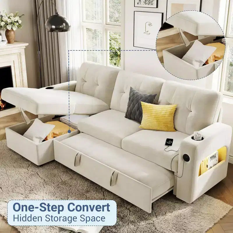 84 Convertible Sectional Sofa, L Shaped Couch with Pull Out Bed, Sleeper Sofa with Storage Chaise, Velvet Reversible Chaise Lounge for Living Room