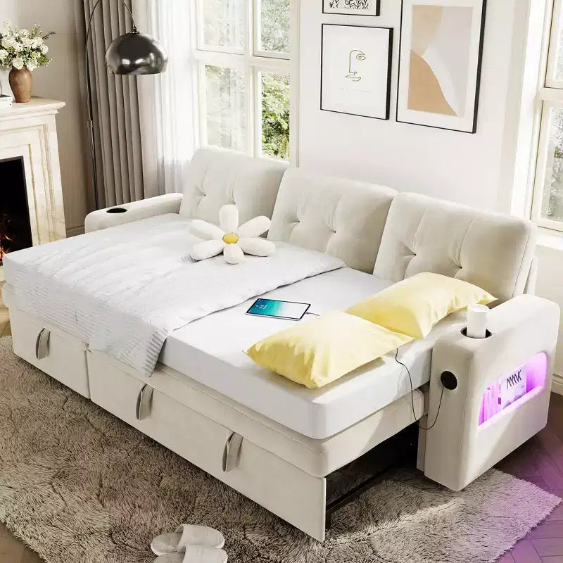 84 Convertible Sectional Sofa, L Shaped Couch with Pull Out Bed, Sleeper Sofa with Storage Chaise, Velvet Reversible Chaise Lounge for Living Room