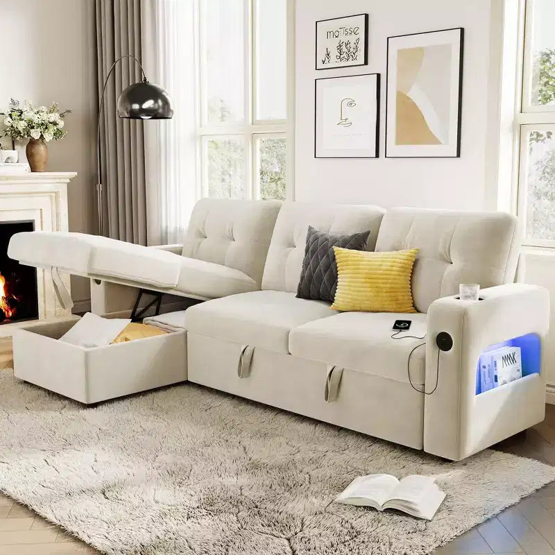 84 Convertible Sectional Sofa, L Shaped Couch with Pull Out Bed, Sleeper Sofa with Storage Chaise, Velvet Reversible Chaise Lounge for Living Room