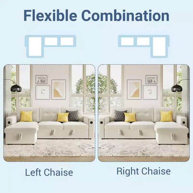 84 Convertible Sectional Sofa, L Shaped Couch with Pull Out Bed, Sleeper Sofa with Storage Chaise, Velvet Reversible Chaise Lounge for Living Room